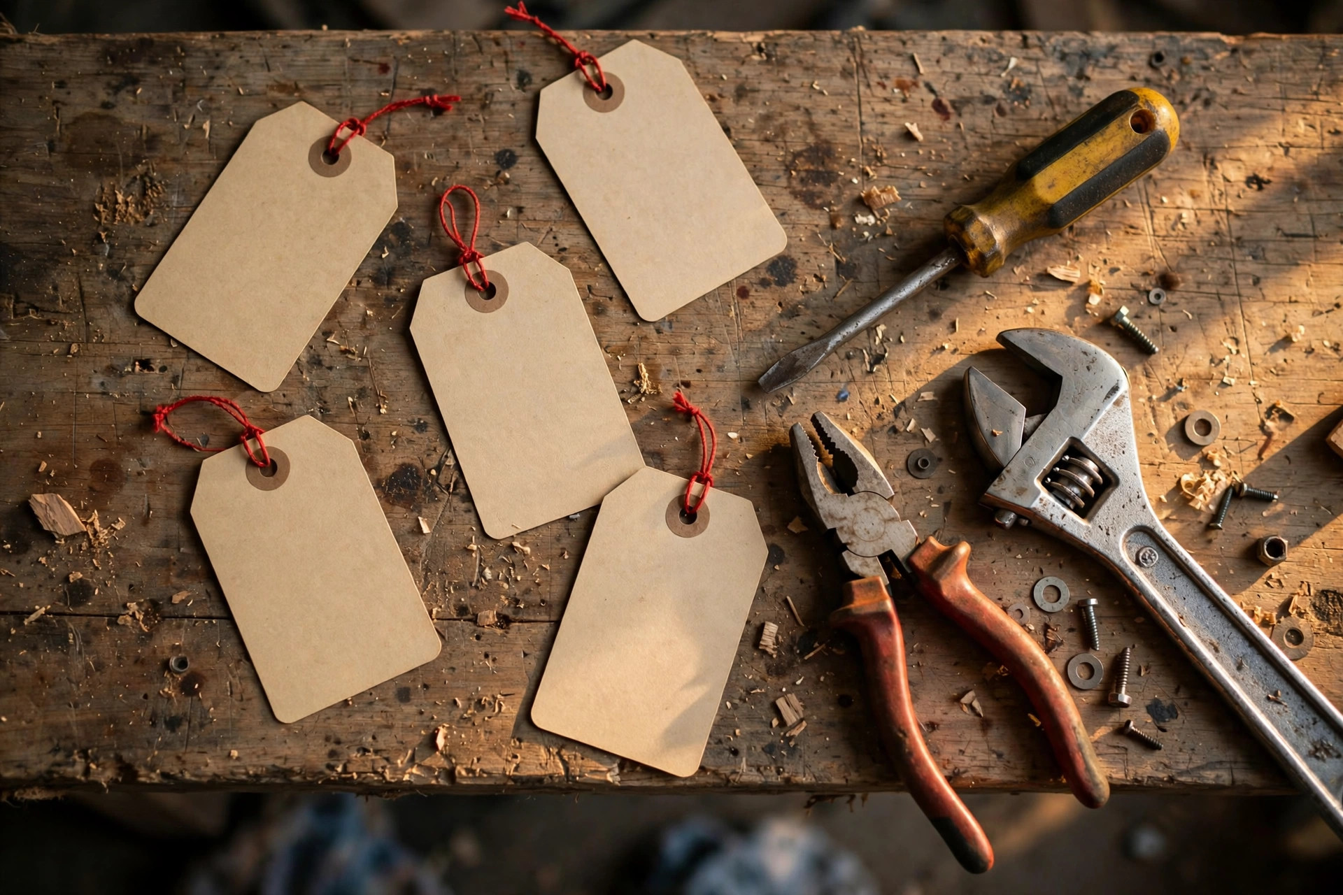 Repair tags with red string and hand tools on the workbench